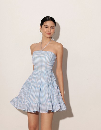 2 Way Halter Tie Gingham Padded Mini Dress with Ruffle Trim