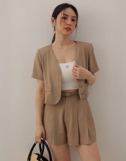 Minimalist Linen Blend Short Sleeve Jacket with Shoulder Pads