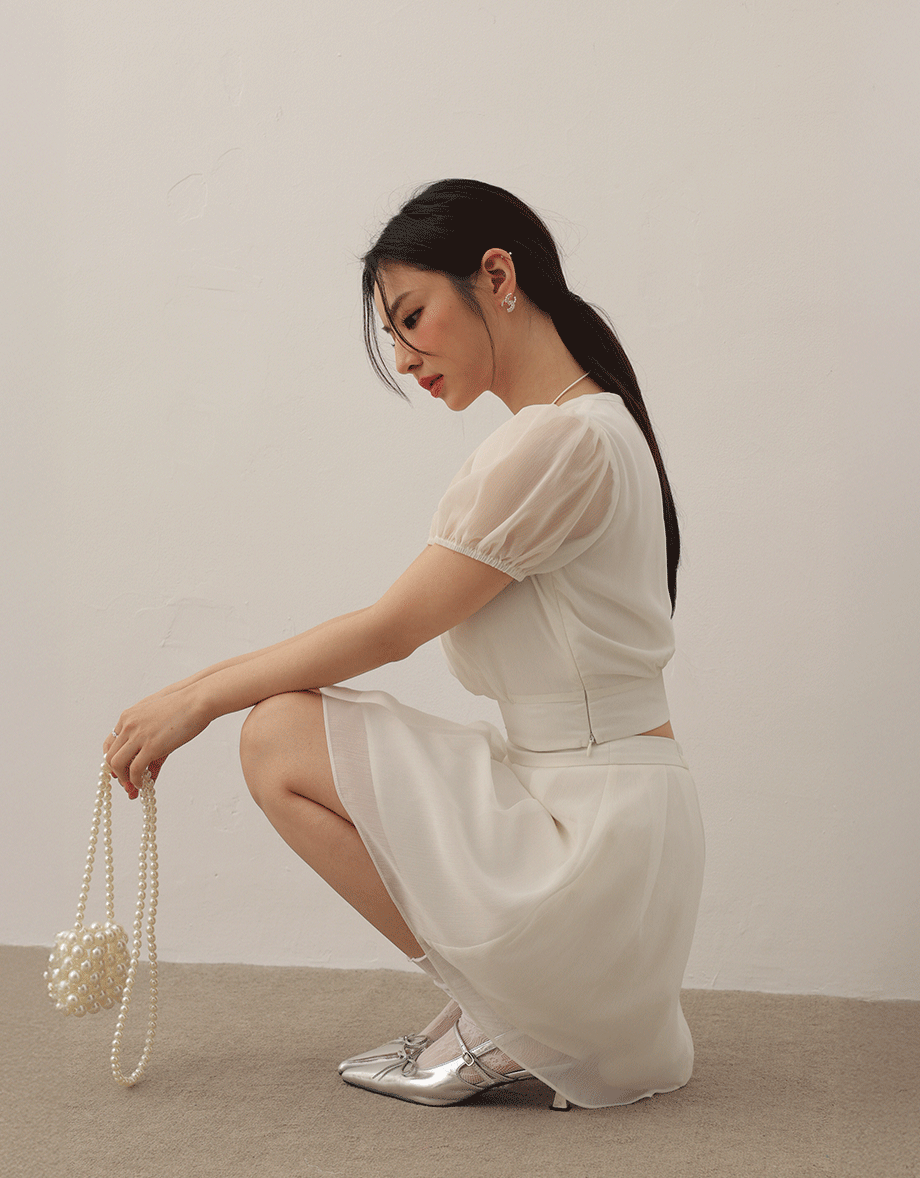 Sheer Puff Sleeve Chiffon Top with High Waist Pleated Mini Skirt Set Wear