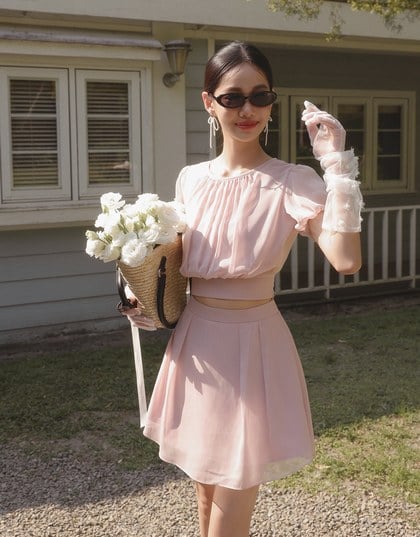 Sheer Puff Sleeve Chiffon Top with High Waist Pleated Mini Skirt Set Wear