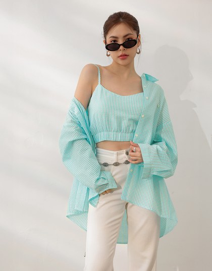 Gingham Outerwear Shirt and Elastic Hem Crop Top Set Wear