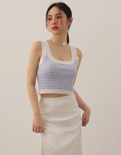 Contrast Trim Houndstooth Patterned Knit Tank Top