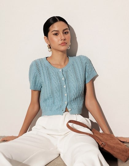 Floral Button Cable Knit Cropped Cardigan Top