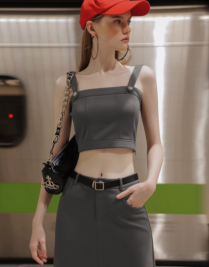 Square Neck Metal Clasp Strap Crop Tank Top