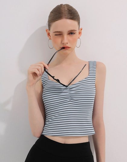 Striped Ruched V Neck Sleeveless Padded Crop Tank Top