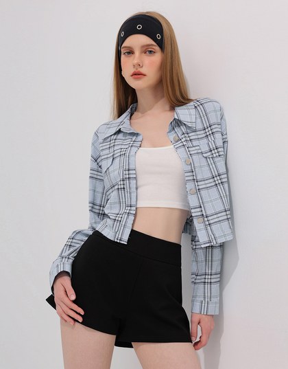 Plaid Raw Hem Long Sleeve Shirt Blouse with Metal Button