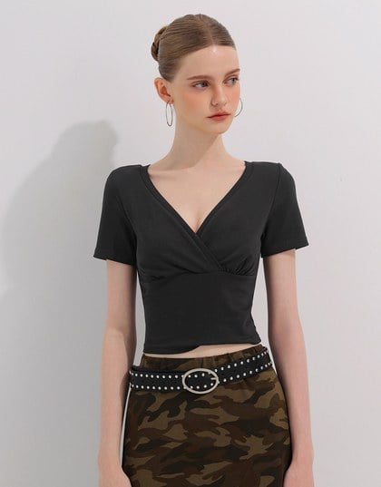 Cross Front Ruched V Neck Short Sleeve Fitted Top