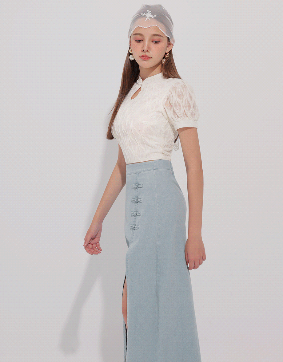 Qipao Top Textured Jacquard Puff Sleeve Keyhole Crop Cheongsam Qipao Top