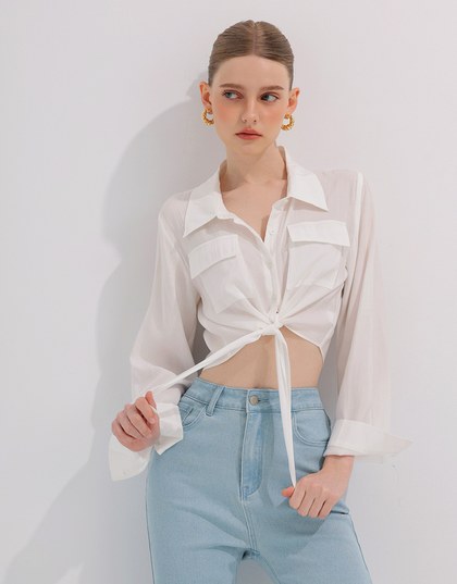 Tie Front Collared Shirt Blouse with Pockets