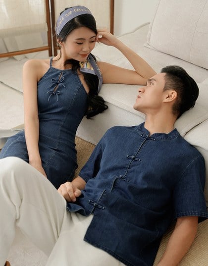 Men’s Cheongsam Short Sleeve Jeans Denim Cheongsam Qipao Shirt with Knot Button Detail