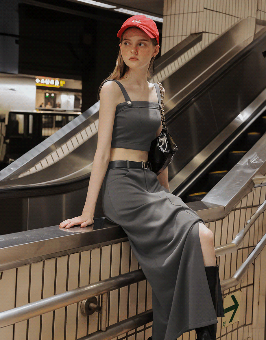 Minimalist High Waisted Front Slit Maxi Skirt (with Belt)