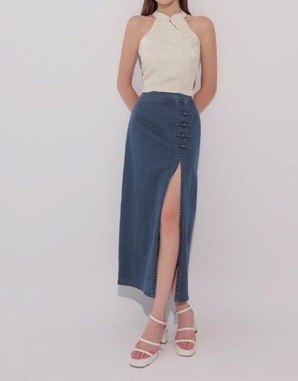 Qipao Skirt High Waist Side Slit Jeans Denim Cheongsam Qipao Maxi Skirt with Knot Button Detail