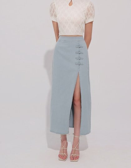 Qipao Skirt High Waist Side Slit Jeans Denim Cheongsam Qipao Maxi Skirt with Knot Button Detail