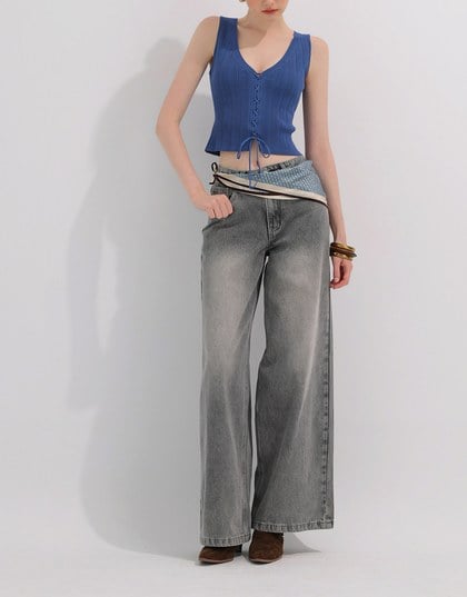 Mid Rise Vintage Washed Wide Leg Jeans Denim Pants