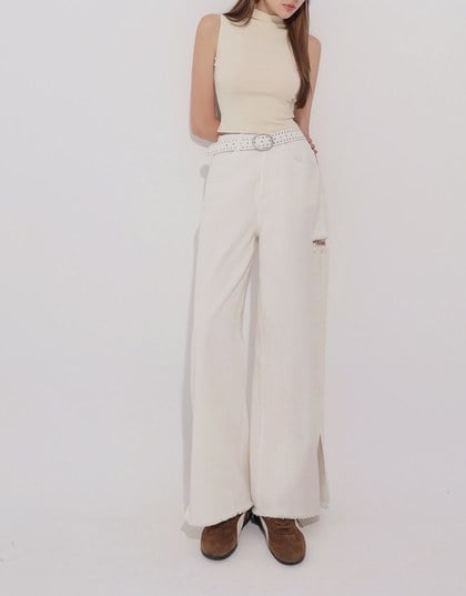 Frayed Hem Wide Leg Jeans Denim Pants with Distressed Detail