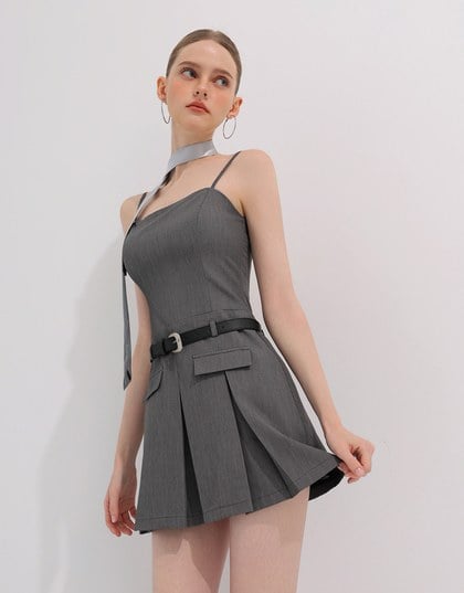 Belted Spaghetti Strap Pocket Pleated Cami Mini Dress
