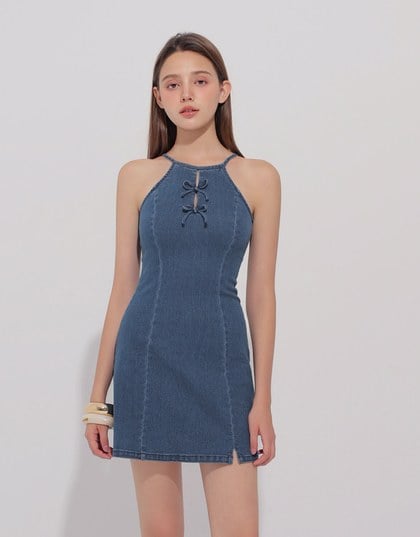 Qipao Dress Jeans Denim Cheongsam Qipao Halter Mini Dress with Bow Tie Detail
