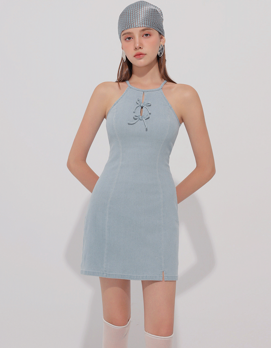 Qipao Dress Jeans Denim Cheongsam Qipao Halter Mini Dress with Bow Tie Detail