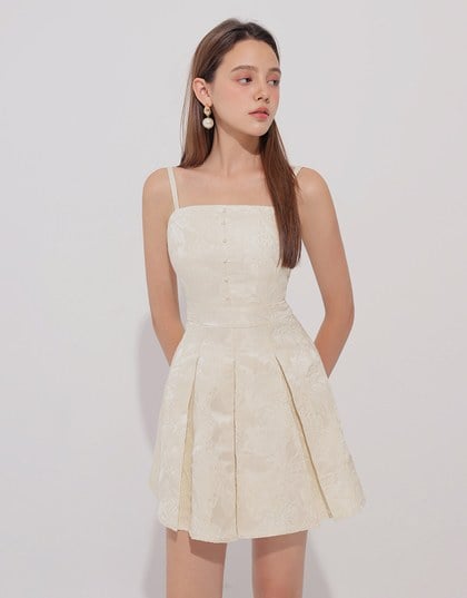 Qipao Dress Floral Jacquard Pleated Cheongsam Qipao Cami Mini Dress with Pearl Button Detail
