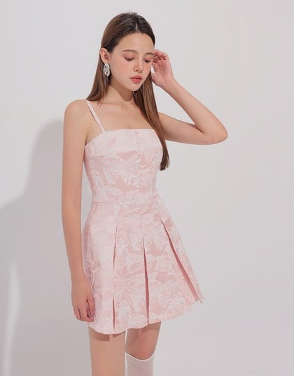 Qipao Dress Floral Jacquard Pleated Cheongsam Qipao Cami Mini Dress with Pearl Button Detail
