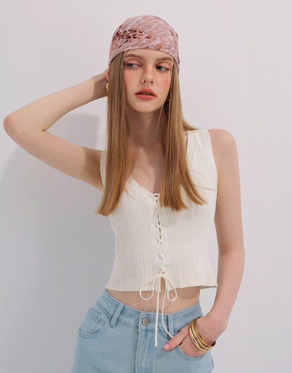 Ribbed Knit V Neck Lace Up Sleeveless Crop Top