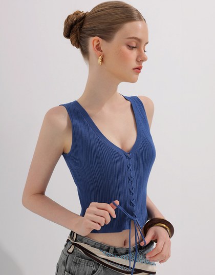 Ribbed Knit V Neck Lace Up Sleeveless Crop Top