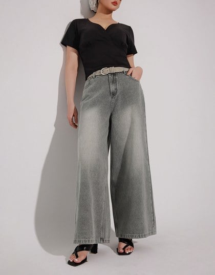 Mid Rise Vintage Washed Wide Leg Jeans Denim Pants