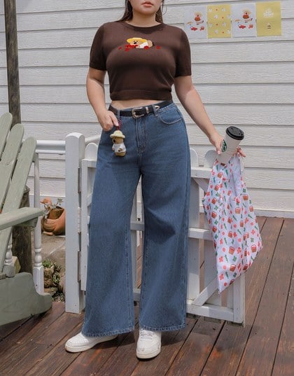 【DINOTAENG】Embroidered Graphic Wide-Leg Denim Jeans