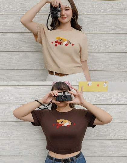【DINOTAENG】Graphic Short Sleeve Knit Crop Top