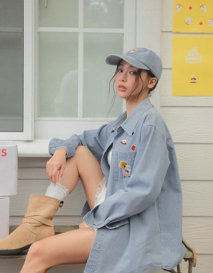 【DINOTAENG】Oversized Denim Shirt with Iron-On Embroidery Patches