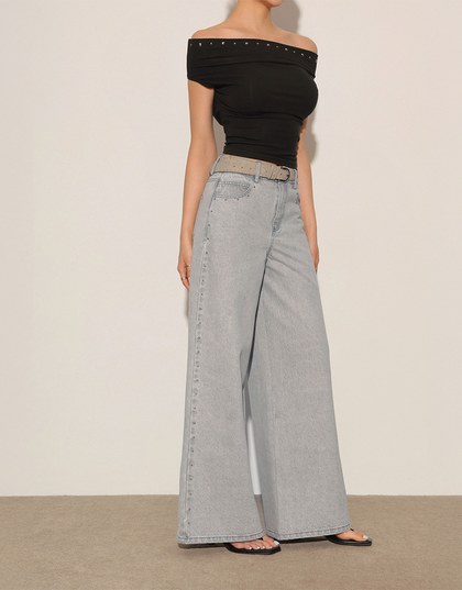Studded Side Trim Wide Leg Jeans Denim Pants