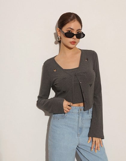 Heart Cutout Buttoned Knit Cardigan and Spaghetti Strap Crop Camisole Set Wear