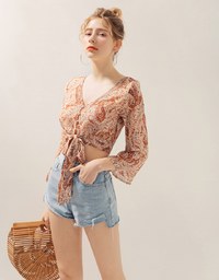 Paisley V-Neck Front Tie Crop Top