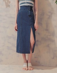 High Waisted Frayed Asymmetrical Slit Denim Jeans Skirt
