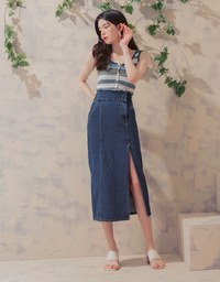 High Waisted Frayed Asymmetrical Slit Denim Jeans Skirt