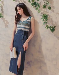 High Waisted Frayed Asymmetrical Slit Denim Jeans Skirt