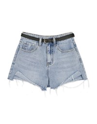 Western Style Frayed Belted Denim Shorts
