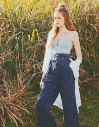 Paperbag High Waisted Belted Wide-Leg Denim Jeans Pants