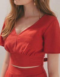 V Neck Back Tie Top & Shorts Set Wear