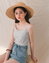 Striped Thin Strap Back Ribbon Crop Top