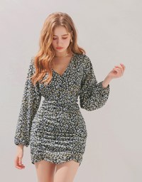 V-Neck Floral Draped Bodycon Mini Dress