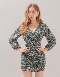V-Neck Floral Draped Bodycon Mini Dress