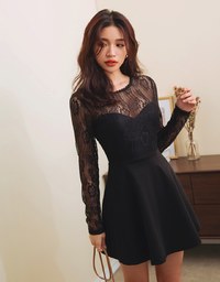 Exquisite Lace Spliced Flare Mini Dress