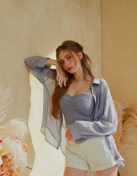 Smocked Cami Top & Semi-Sheer Blouse Shirt Set Wear