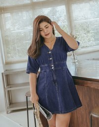 Classic V-Neck Button-Down Denim Jeans Dress