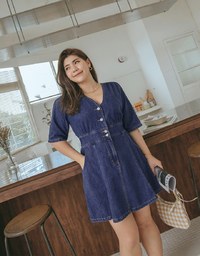 Classic V-Neck Button-Down Denim Jeans Dress