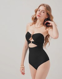 【EXTRA BODICE LENGTH 】Tall Girl-2Way Hollow Out Bandeau One-Piece Swimsuit Push Up Bra Padded