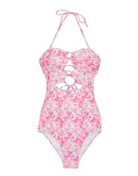 【PUSH UP 】2Way Printed Hollow Out Bandeau One-Piece Swimsuit Push Up Bra Padded