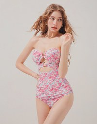【PUSH UP 】2Way Printed Hollow Out Bandeau One-Piece Swimsuit Push Up Bra Padded