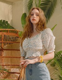Cinched Waist Square Neck Floral Top